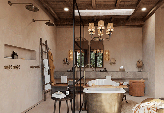 &Beyond-suyian-homestead-laikipiamaster-bathroom-has-a-deep-freestanding-metal-soaking-tub-sits-elegantly-in-front-of-a-rustic-built-in-fireplace &Beyond Suyian Homestead